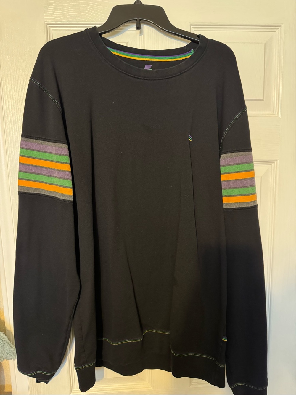 Black Crewneck Sweatshirt with Multicolor Sleeve Stripes